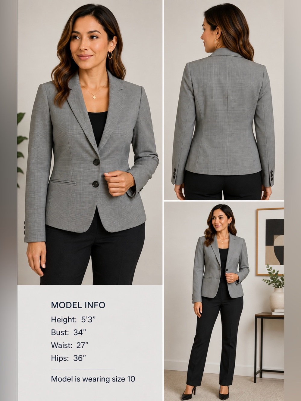 White Black Women’s Gray Micro Plaid Tailored Blazer Jacket Size 10